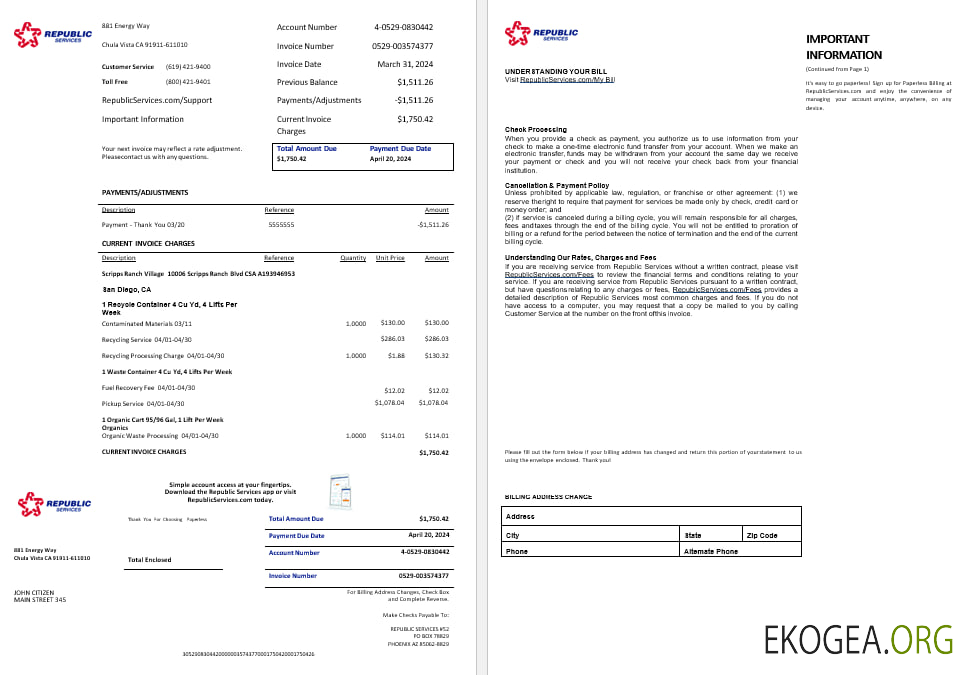 USA Rpublic Services energy utility bil Word and PDF formats, 2 pages
